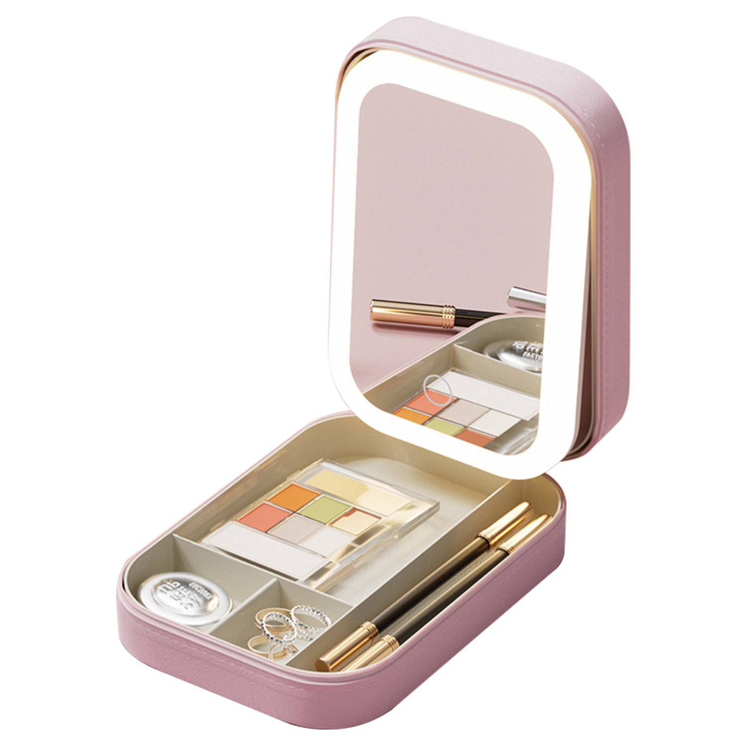 Portable Travel Makeup Bag With LED Mirror Rechargeable Beauty Mirror With 3 Color Light Dimmable Brightness Waterproof Cosmetic Bag With 4 Compartmen (Option: Pink)