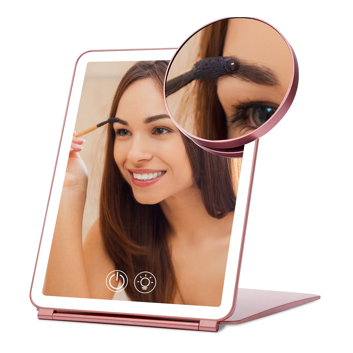 Folding Travel Makeup Mirror With 10X Magnifying Mirror 3 Color LED Lights Dimmable Brightness Rechargeable Battery Tabletop Portable Cosmetic Mirror (Option: S)