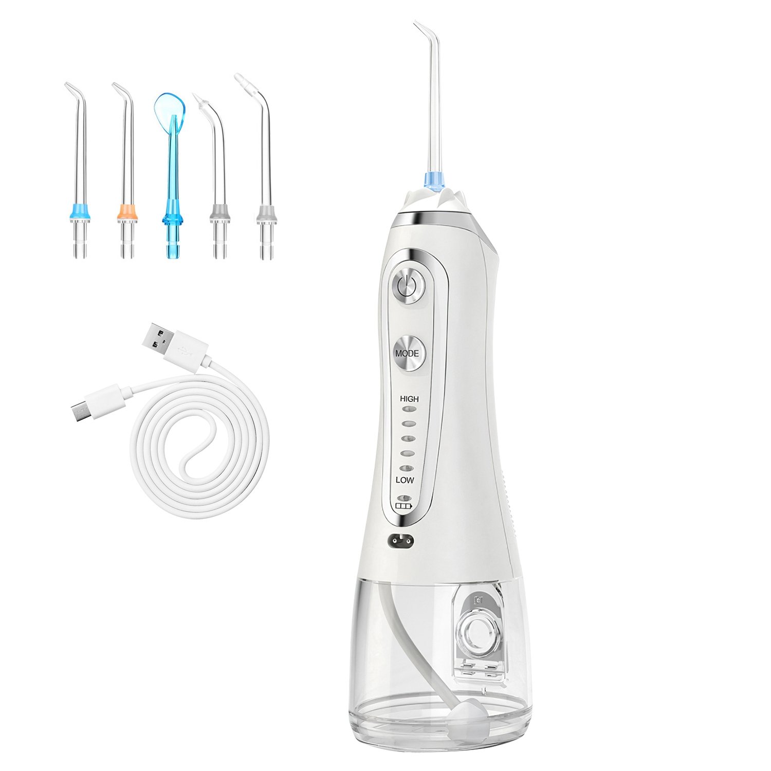 Portable Water Dental Flosser Cordless Rechargeable Dental Oral Irrigator IPX7 Waterproof Teeth Cleaner with 5 Modes 5 Nozzles 10.14oz Detachable Wate (Option: White)