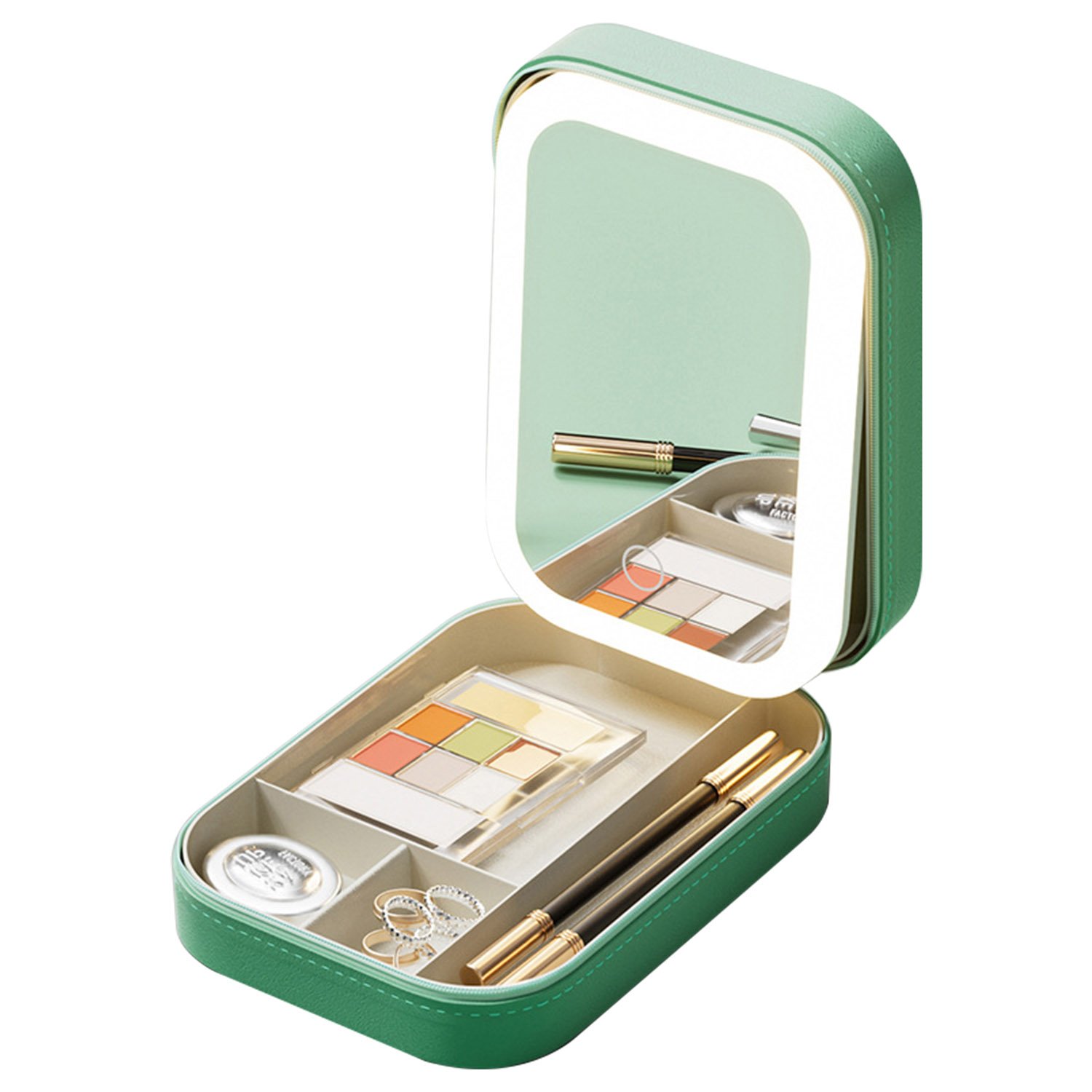 Portable Travel Makeup Bag With LED Mirror Rechargeable Beauty Mirror With 3 Color Light Dimmable Brightness Waterproof Cosmetic Bag With 4 Compartmen (Option: Green)