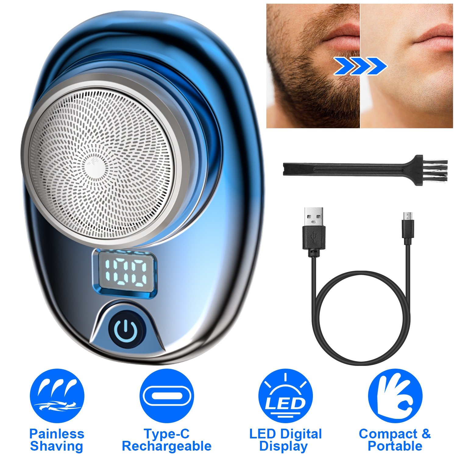 Portable Electric Shaver with LED Digital Display Type-C Rechargeable Electric Razor for Men Electric Beard Trimmer for Home Office Travel Car (Option: Blue)