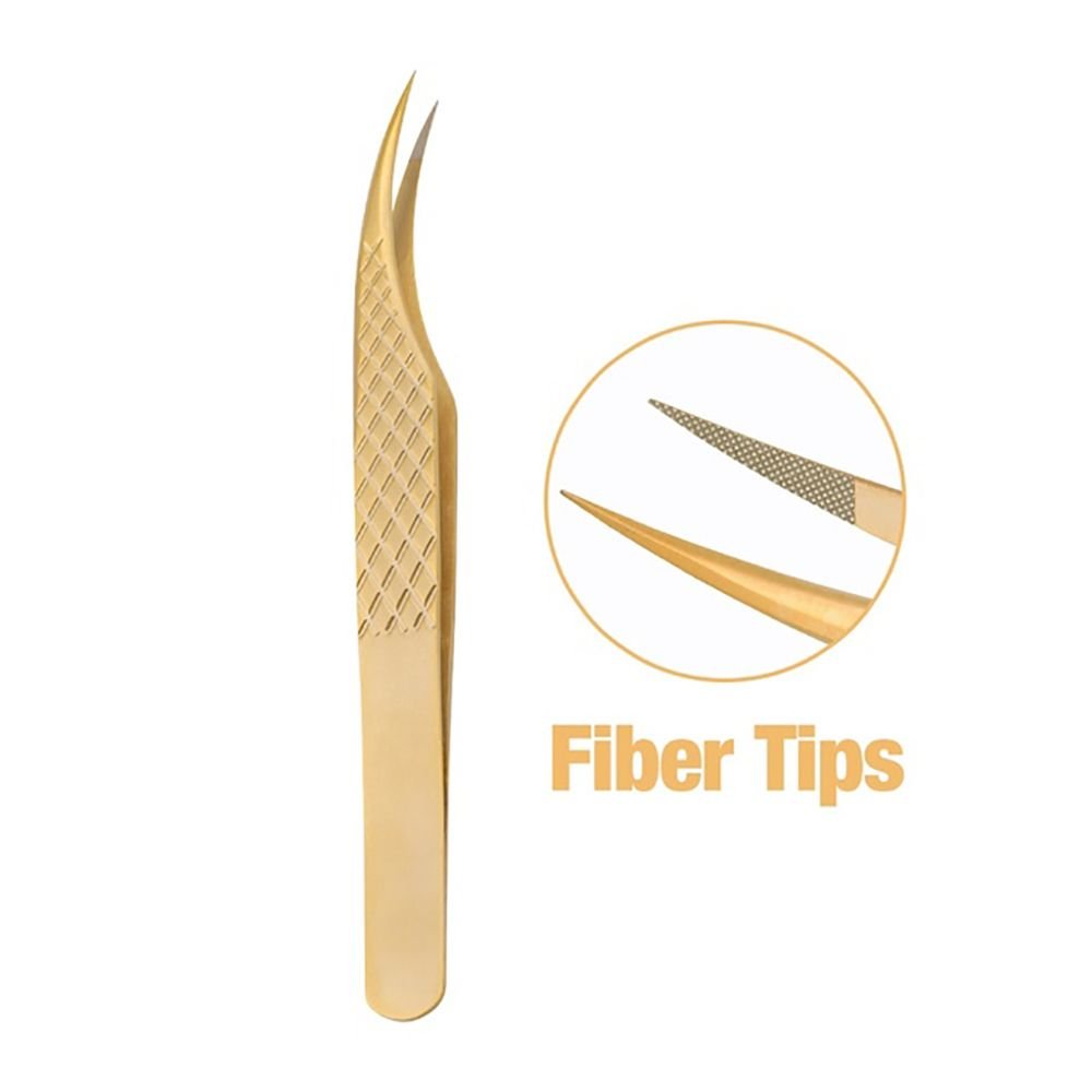 Fadvan Tweezers for Lashes Extension Fiber Tips Stainless Steel Makeup Tweezers Anti-static Free Print Your Logo (Color: Golden-AF8)
